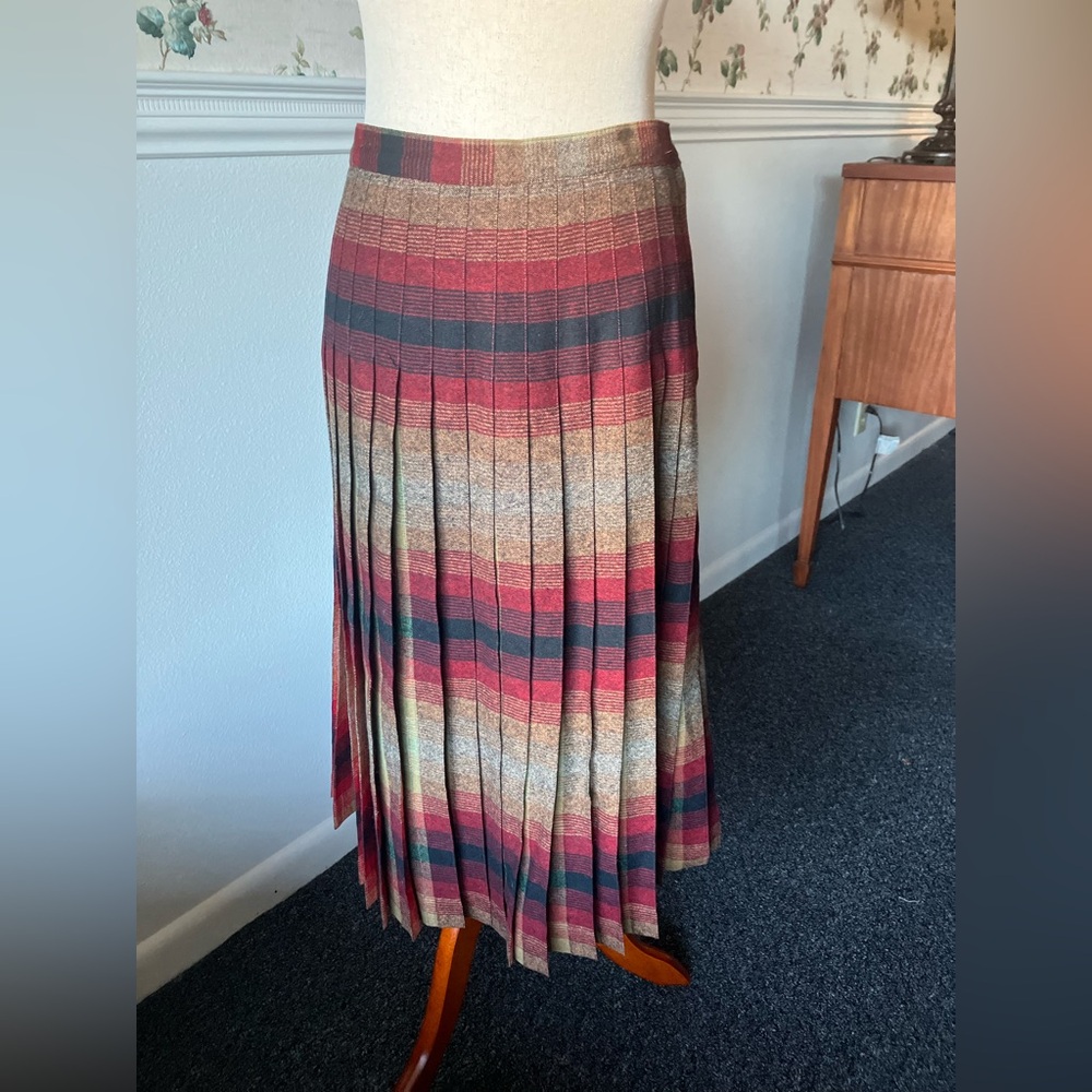 Vintage Wool Drop Waist Pleated Red & Brown Plaid Midi Skirt